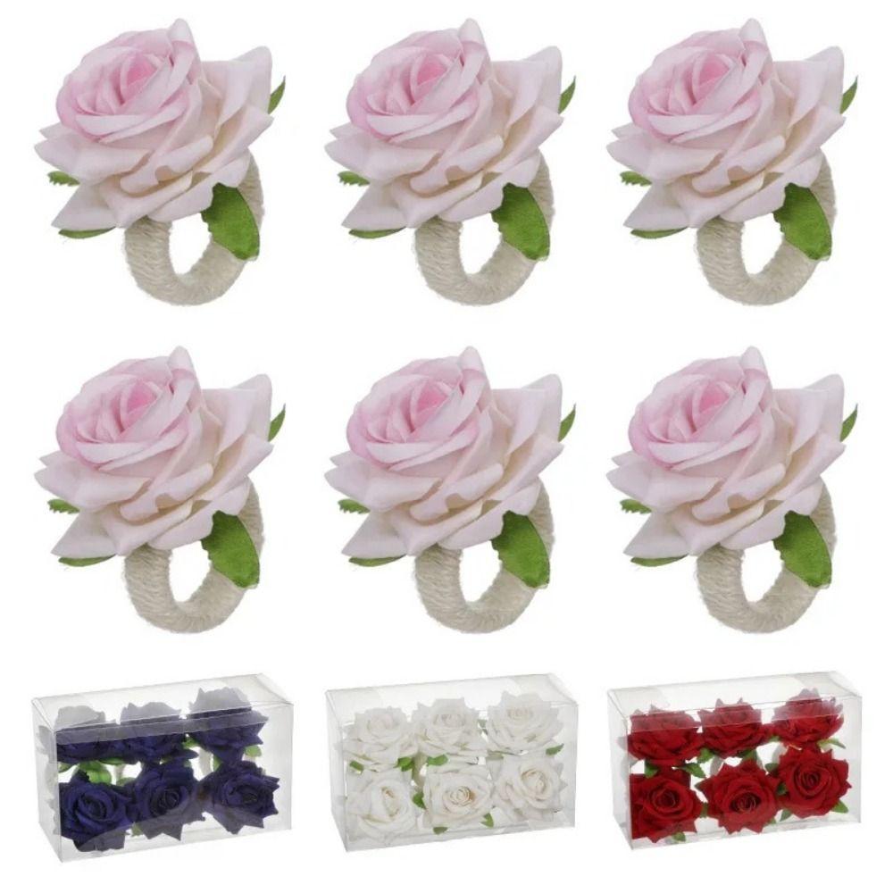 6pcs Artificial Rose Flower Towel Buckle with Rope Table Decoration Napkin Ring Valentine's Day