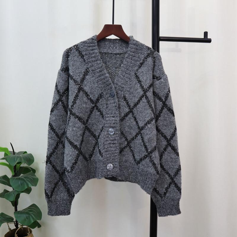 Rhombus sequined knitted cardigan women's autumn and winter new loose and versatile soft waxy design sweater jacket