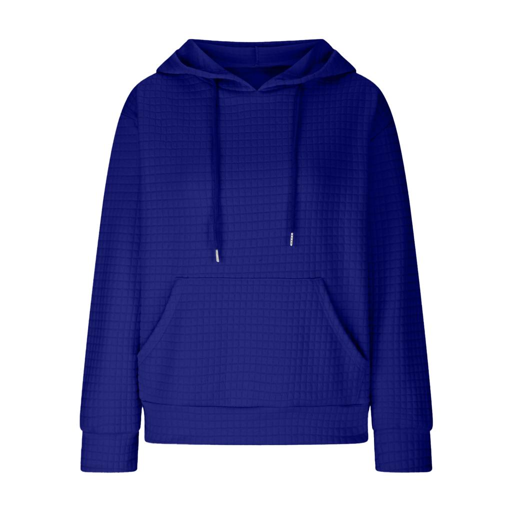 Women's Fashion Loose Hooded Pullover Long Sleeve Patchwork Plaid Sweat Drawstring Shoulder Strap Pocket Top