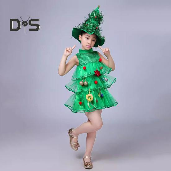 Children Christmas Dress Multi Pendant Decor Scattered Cake Hem Sleeveless Stand Collar A-line Cosplay Stage Show Performance Mini Dress