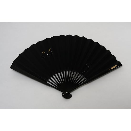 [Hasegawa] Kyoto Folding Fan, Cat Pattern, Black-dyed, Washi Paper Fan, with Pouch, In Gift Box, Mad
