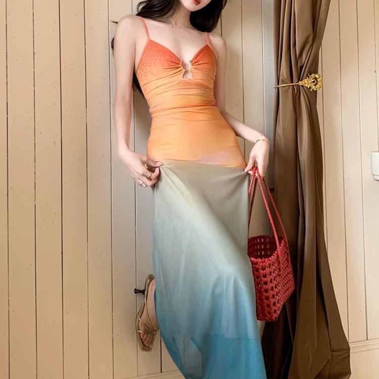 Seaside Vacation Style Temperament Gradual Change Color Suspender Dress Women Summer Travel Sexy Hot Girls Beach Mesh Dress