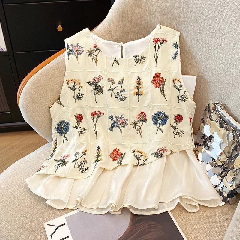 Women's Floral Print Sleeveless Blouse Ruffle Hem Casual Loose Tank Top