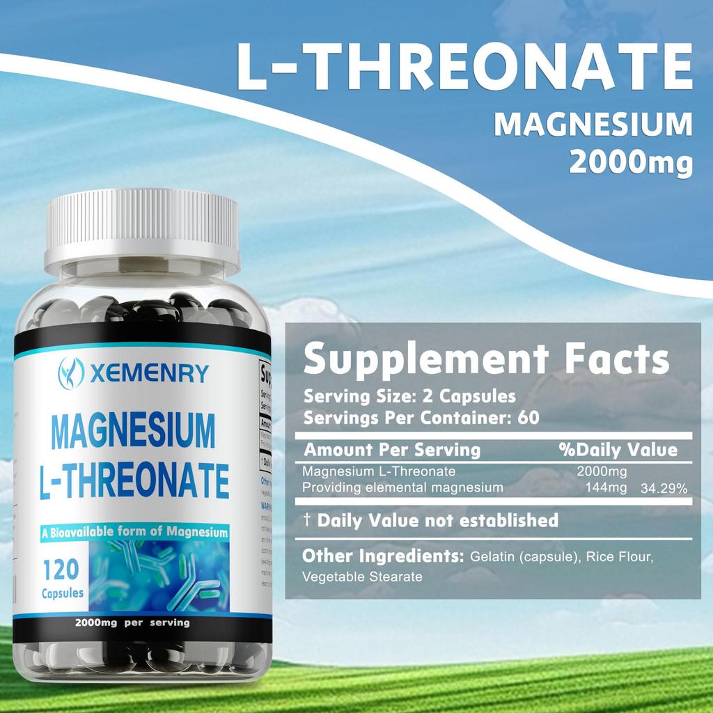 L-Magnesium Threonate Dietary Supplement, helps with sleep, relaxation, and promotes brain and heart health – 120 capsules