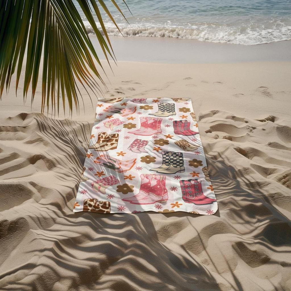 1PC Western Pink Cowgirl Boot Beach Towel Oversized Country Music Rodeo Design Summer Pool Travel Gift for Her