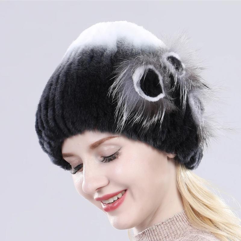 New Knitted Rex Rabbit Fur Hat For Women Winter Warm Natural Fur Hats Thick Outdoor Girl Fashion Real Rex Rabbit Fur Caps