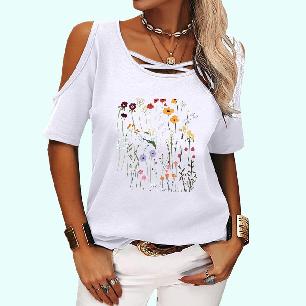 Women Fashion Off Shoulder Top Casual O Neck Summer Tee Shirt Floral Print Short Sleeve T-shirt