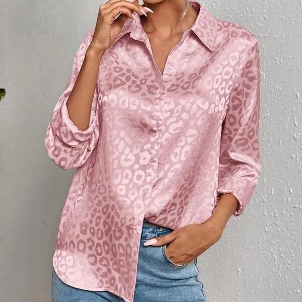 QICED Women's Spring Summer Lapel Open Button Leopard Print Jacquard Shirt Temperament Commuter Long Sleeve Shirt