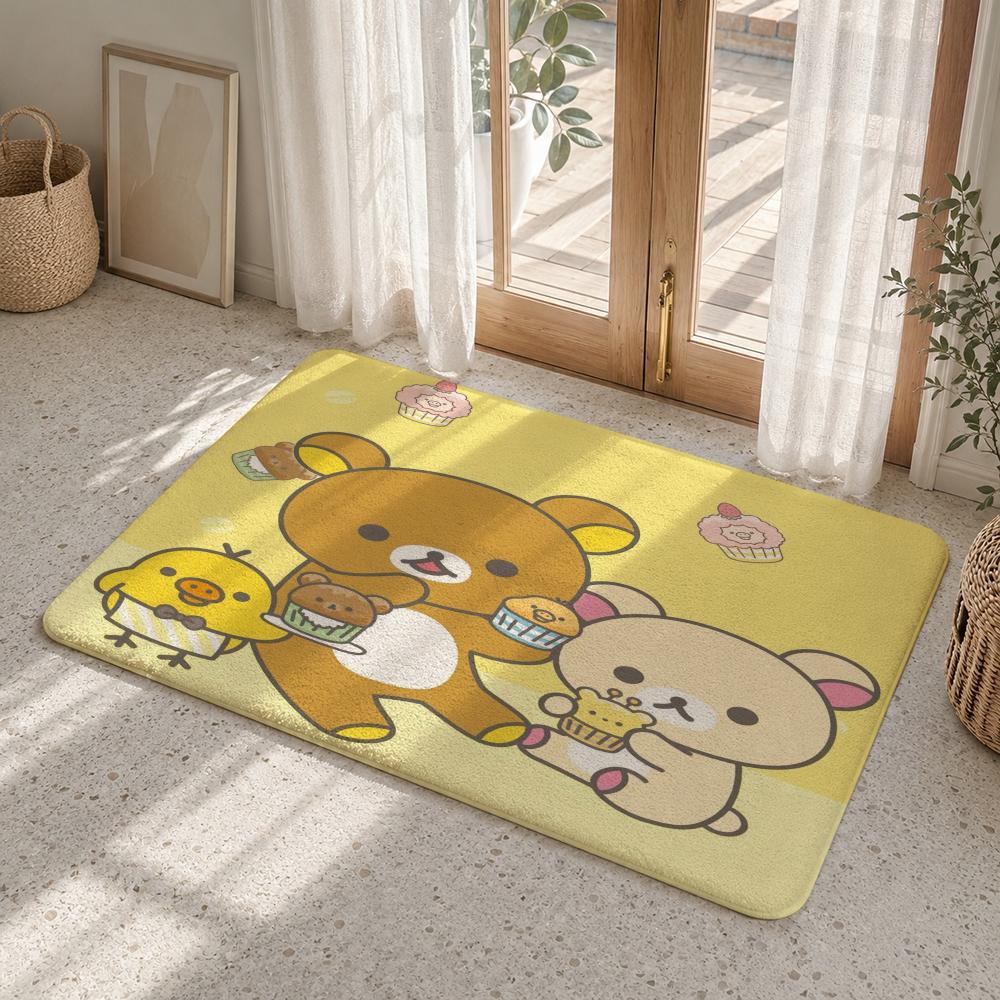 Cute Cartoon Rilakkuma Floor Mat Flannel Rug Non Slip Absorbent Soft Washable For Entryway Hallway Bathroom Kitchen Decor