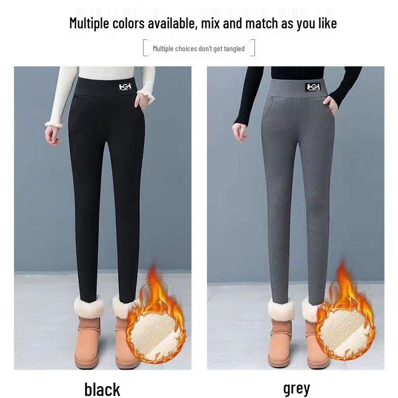 Women's Plus Size Thick Velvet Lambswool Leggings - Warm, Tight Fit In Black or Gray for Autumn and Winter.