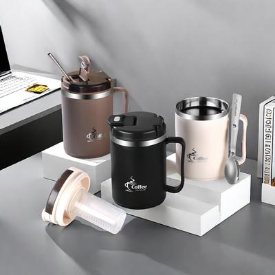 WORTHBUY Double-Wall Thermal Insulated Coffee Mug 304 Stainless Steel Water Cup With Spoon&Tea Strainer Leak-proof Drinking Cup