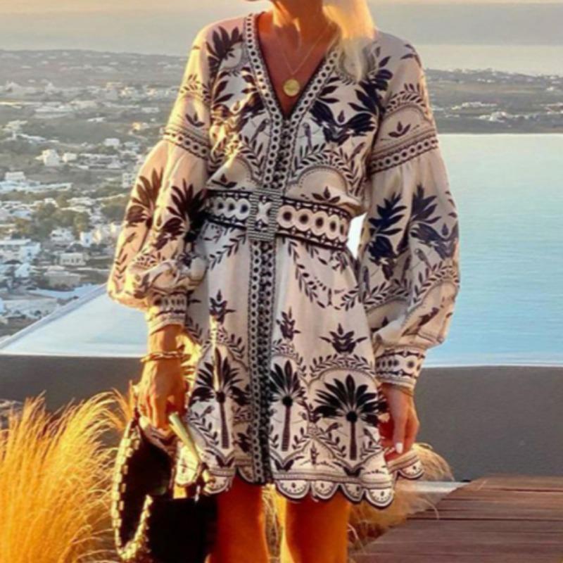 Spring and Autumn New Women's Fashion Printed Beach Loose Short Dress