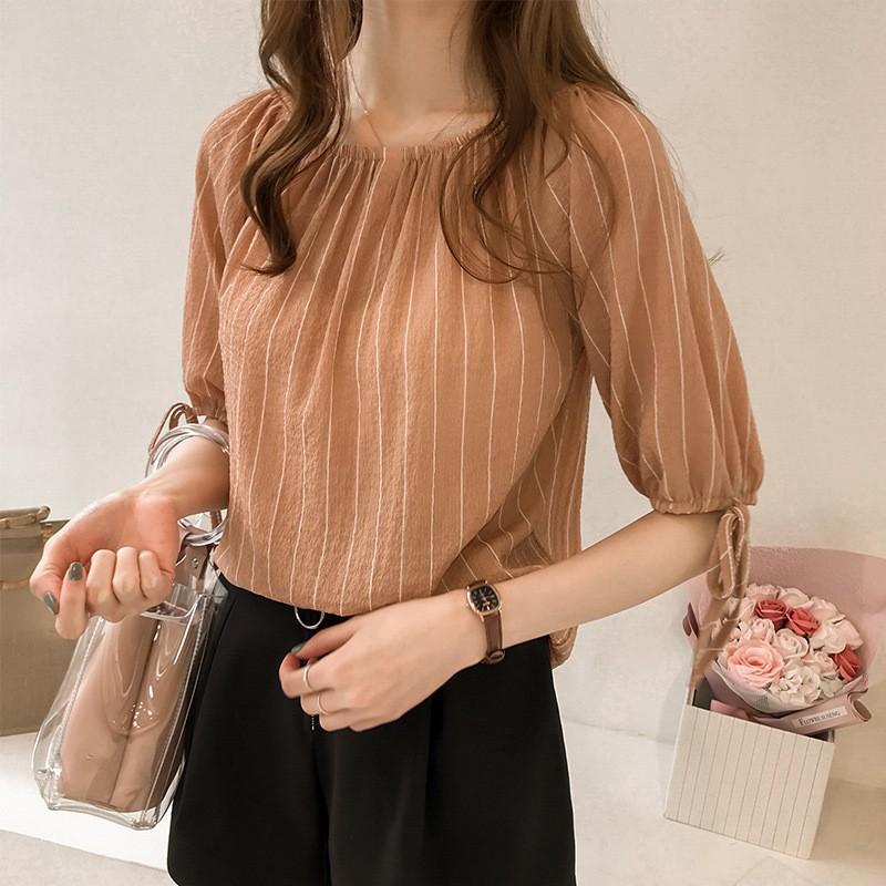 

Temperament One-line Collar Off-the-shoulder Striped Chiffon Shirt Women s Loose Lantern Sleeve Blouse Bottoming Shirt S темно-коричневого кольору