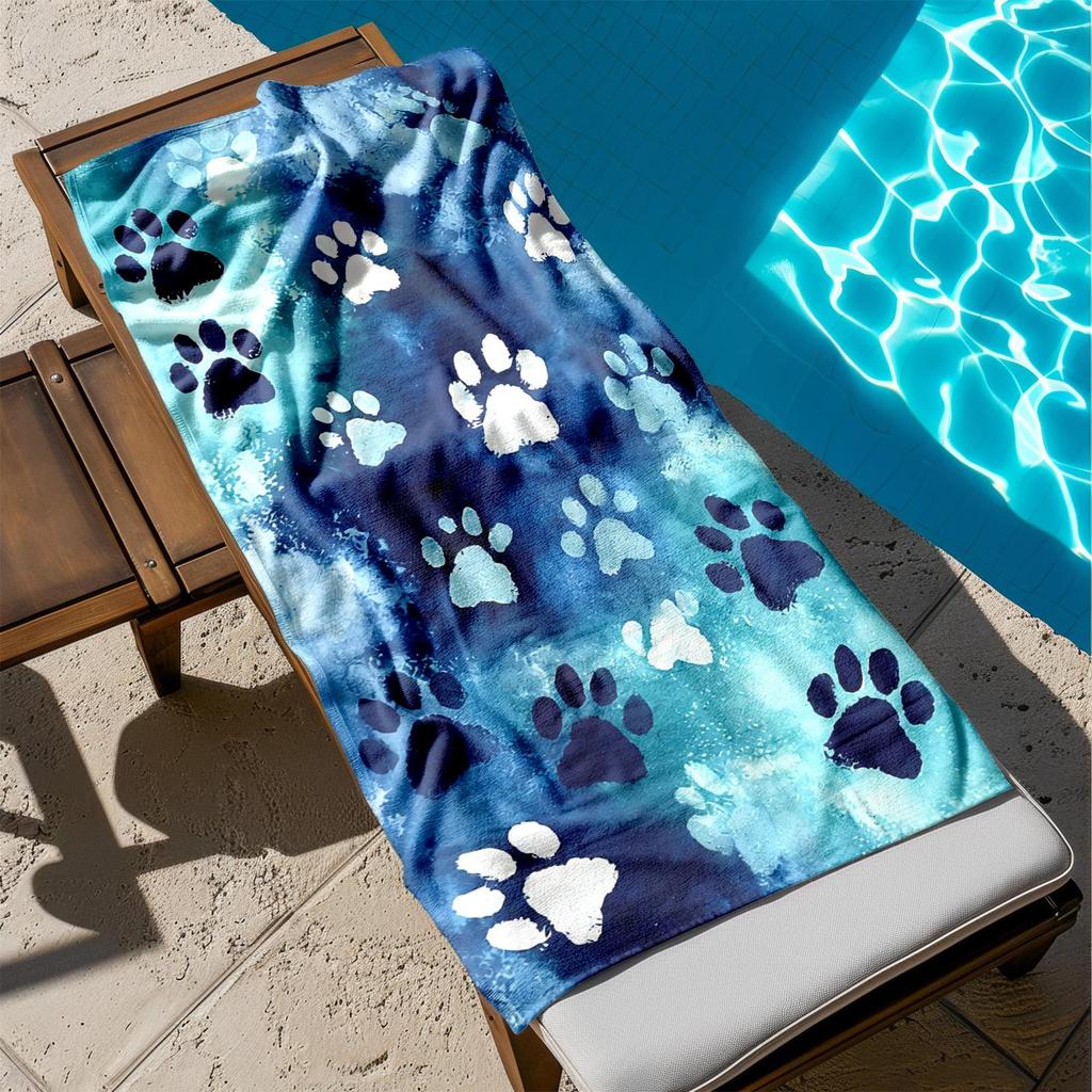 1pc Blue Paw Print Pattern On Watercolor Background 2D Printed Microfiber Beach Towel, Quick Dry Super Absorbent. Great for
