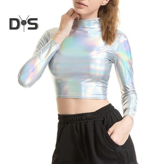 Women Club Top Half High Collar Glossy Surface Skinny Waist Exposed Solid Color Pullover Soft Breathable Lady Pole Dance Performance Party Crop Top