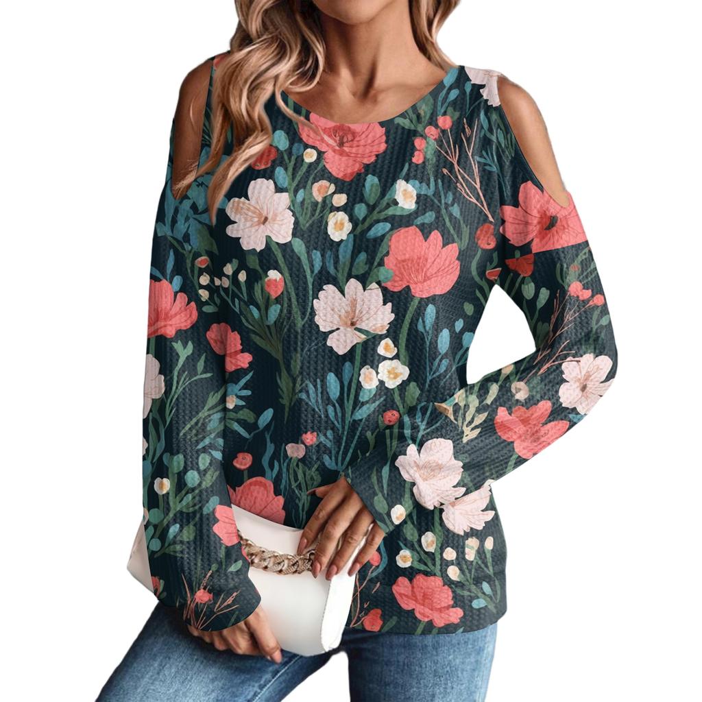 Damen Winter Oversized T-Shirt Modisch Schulterfrei Rundhals Vintage Blumendruck Pullover Langarm Oberteil