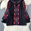 Summer Vintage Women Blouse Embroidered Puff Sleeve Color Block Ethnic Style Camisa Feminina Casual Tops