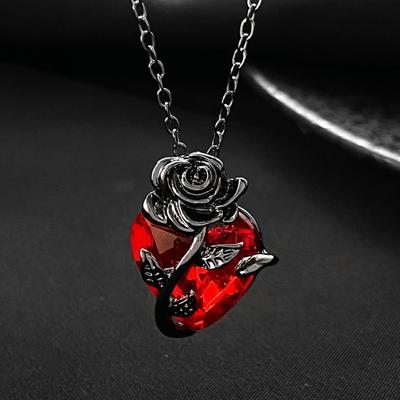 Dark Red Faux Crystal Rose Pendant Necklace for Women Zircon Love Heart Flower Choker Gothic Punk Jewelry for Dating Daily Wear Banquet Party