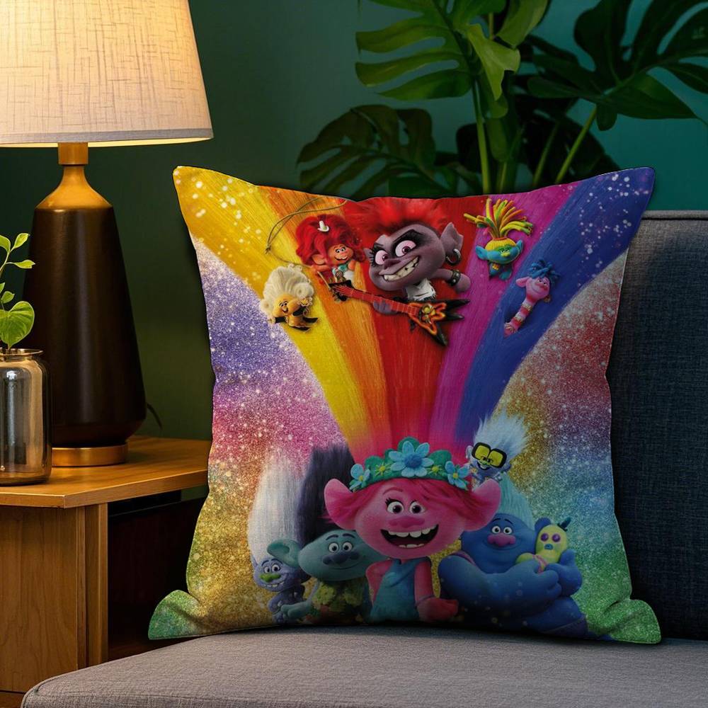 T-TrollsS Cartoon Pillow Case Plush Linen Soft Double Sided Printed Design Throw Cushion Decorative Home