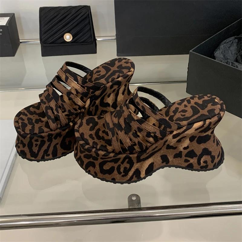 Fashion Eilyken Designer Leopard Print Narrow Band Platform Wedges Heels Slippers Women's Fashion Banquet Party Female Shoes