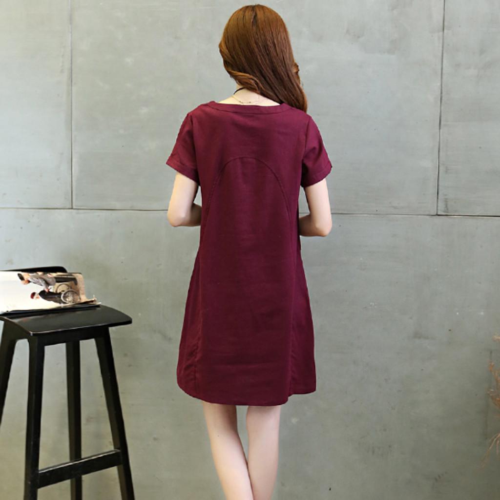 Women Cotton Linen Thin Short-sleeved Loose Waist Plus Size Dress