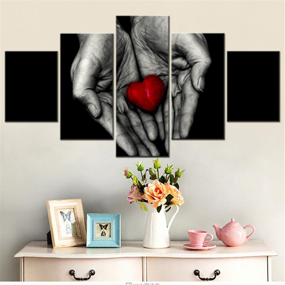 5 Pieces Canvas Wall Arts Poster Painting Black Dark Red Heart Holding Hands Wallpaper Home Decor Picture Printing Interior Arts 20X35 20X45 20X55CM