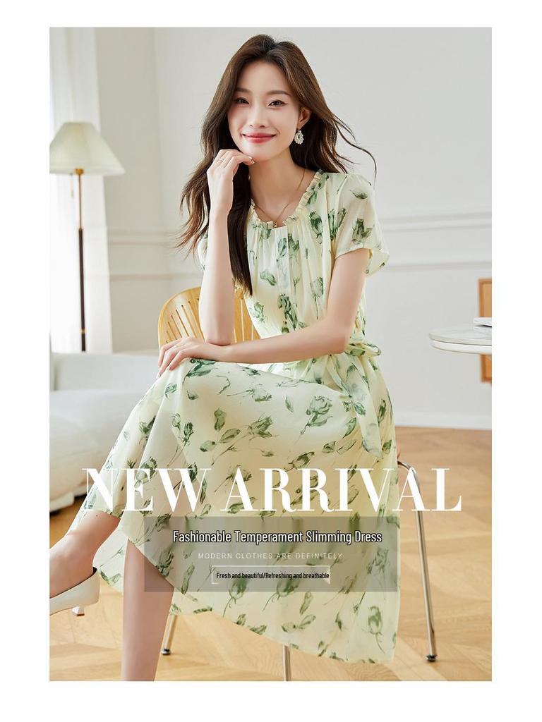 2026 Summer Silk Goddess Style Printed Short-Sleeve Loose Dress for Women