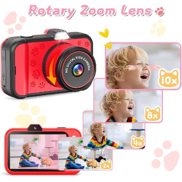 Kids Camera, Toddler Digital Camera with Rotating Zoom Lens, 3.5” Large Screen, 1080P Toy Camera for Kids with Flash, 32GB Card, Birthday Gifts for
