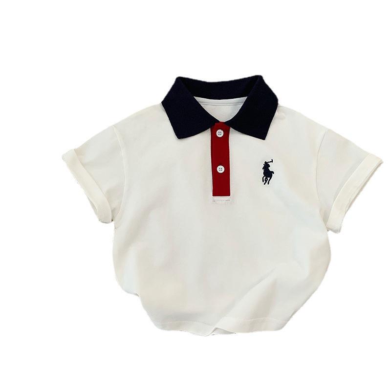 Boys' Cartoon White Polo Shirt - Short-Sleeved Summer Top with Lapel for a Handsome Look, Perfect for Graduation Photos