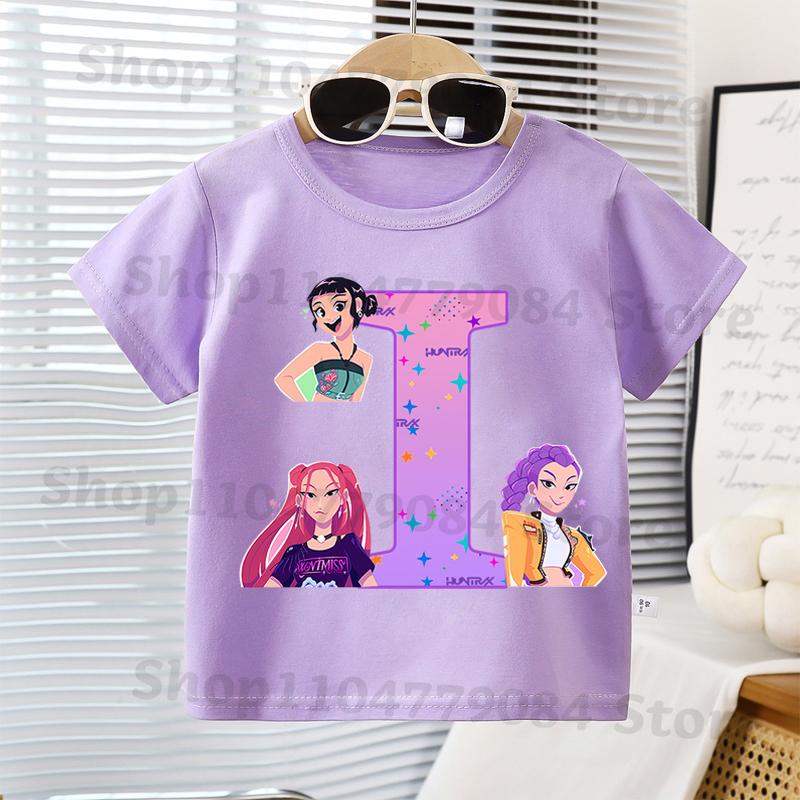 K-pop Demon Hunters Kawaii T-shirts for Children Cartoon Letter A-Z Printed Short Sleeves Top Boys Girls Summer Fashion T-shirt