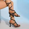 Fashion Sexy Calf Strap Narrow Band Sandals Women 2025 Summer Square Toe High Heel Sandals Brand Design Stripe Pattern Dress Party Shoes