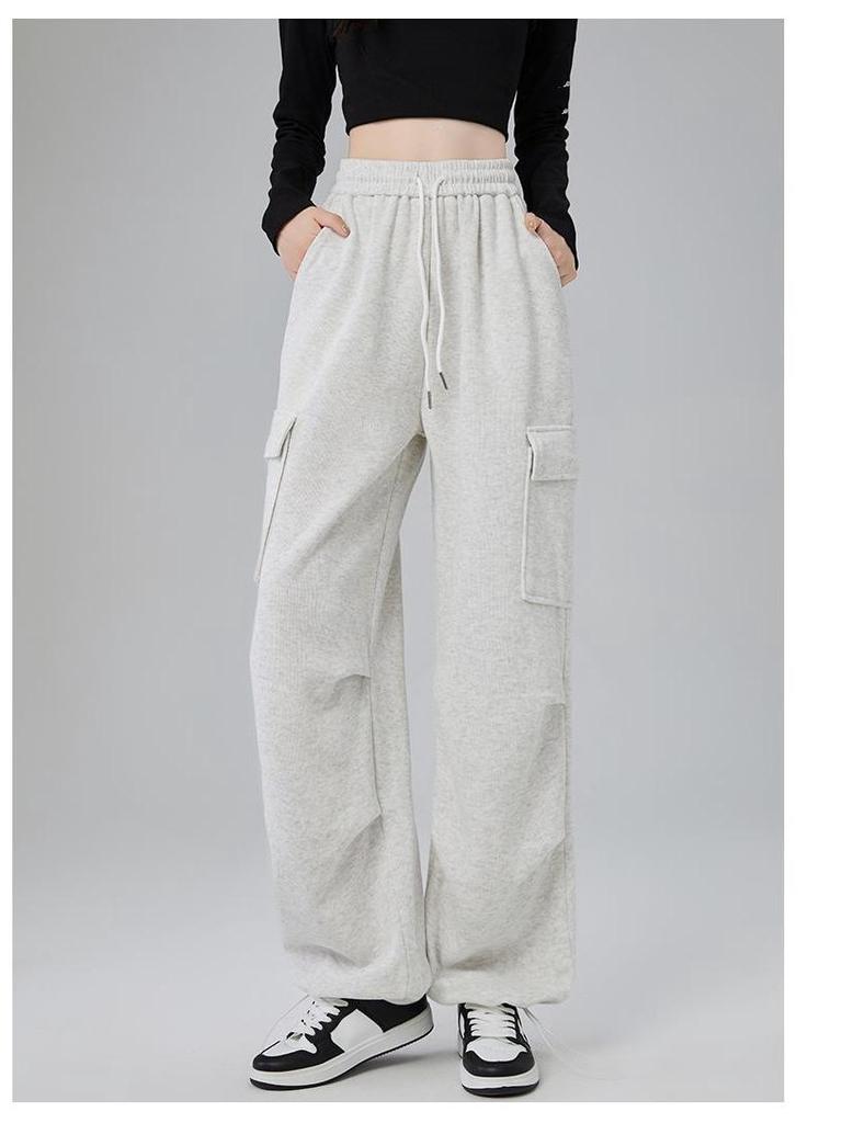 Women's Light Grey High-Waisted Strappy Overalls - Spring/Autumn Wide-Leg Pants with Large Pockets, Casual Sportswear