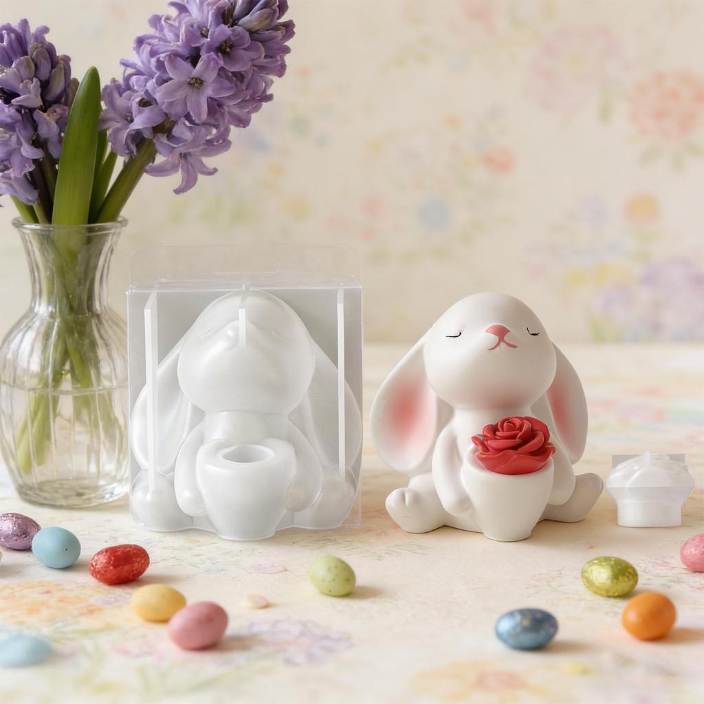 Easter 3D Rabbit Holding Vase Flower Mold 3D Rabbit Reusable Non-Stick Crafts Silicone Resin Mold Bunny Candle Making Molds