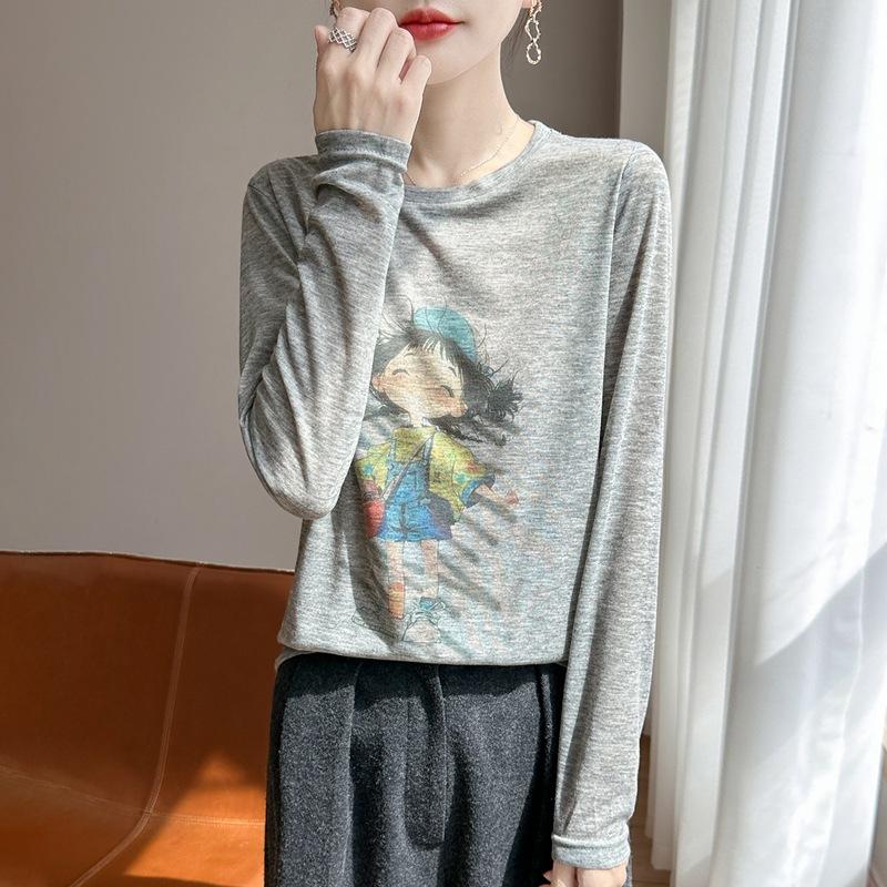 Healing Style Little Girl Long Sleeve Gentle Wind Printed T-Shirt Autumn Winter New Daily Top