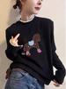 Women's Fleece-Lined Long Sleeve Lace Collar Shirt with Little Pony Print - Autumn/Winter Style
