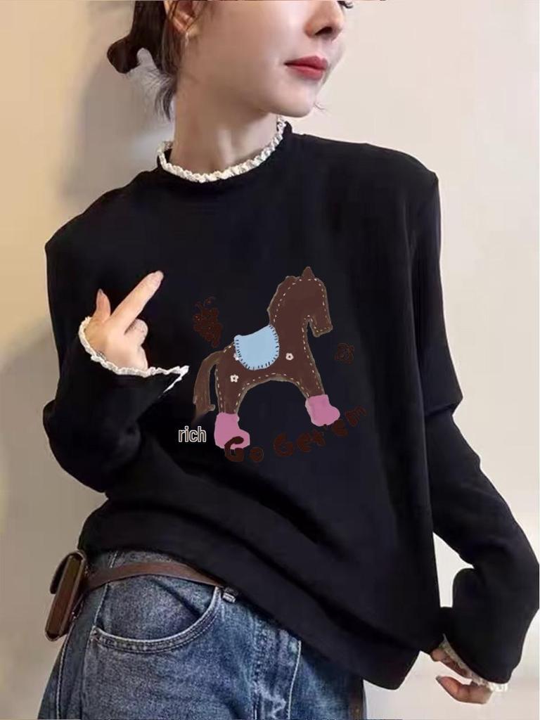 Women's Fleece-Lined Long Sleeve Lace Collar Shirt with Little Pony Print - Autumn/Winter Style