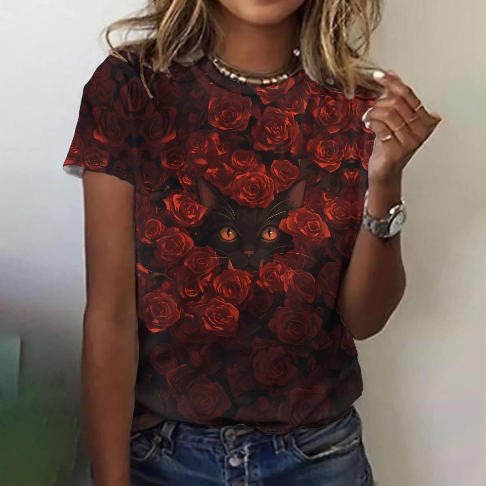 Schönes Katzenmotiv Damen O-Ausschnitt Locker Kurzarm T-Shirts Kawaii Stil Pullover