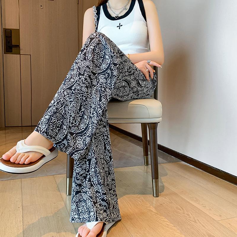Women's Plus Size Straight Thin Section Pant Summer Ethnic Style Loose Draping Printed Wide-legged Trousers Tide
