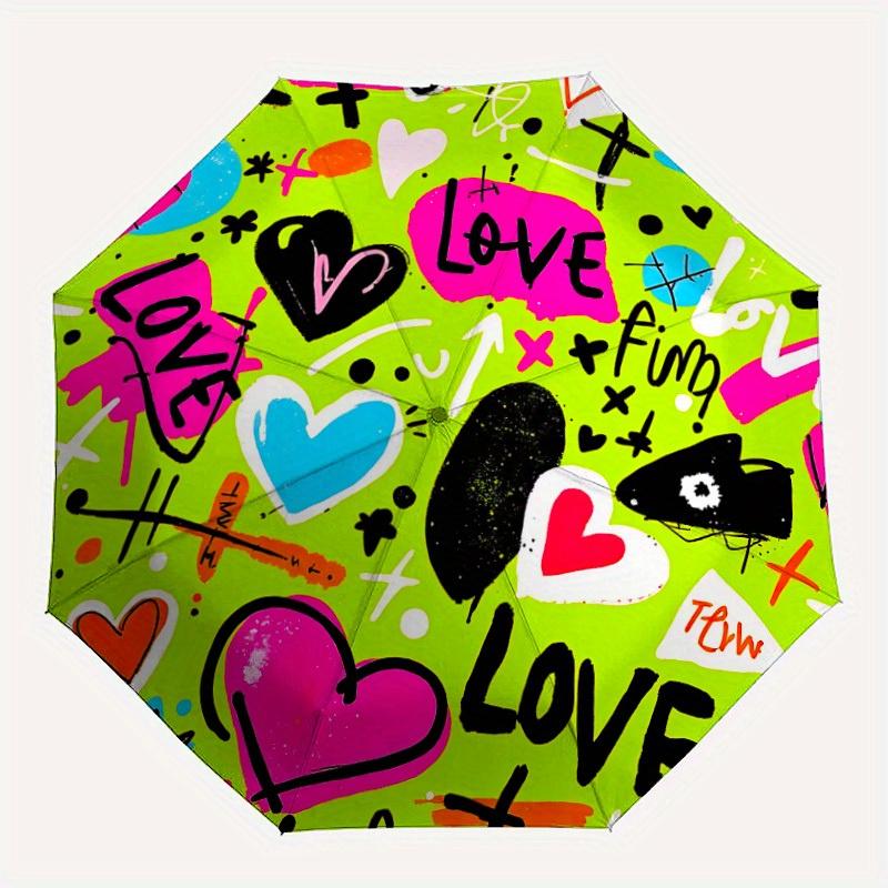 1pc Love Graffiti Print Automatic Open/Close Umbrella, Umbrella with cartoon Design, Portable Compact Umbrella for Men & Women, Good Holiday