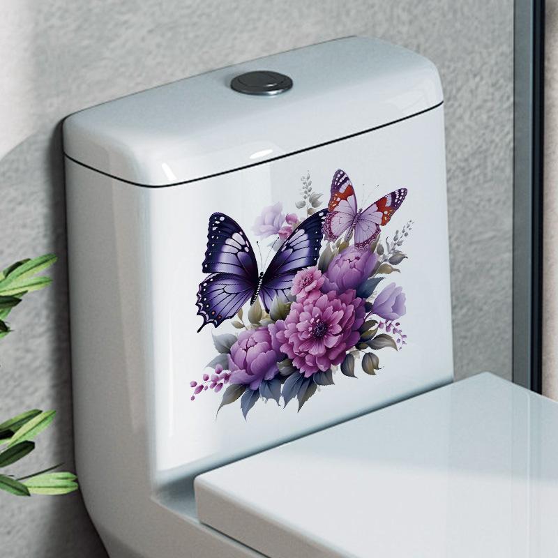 Colorful Butterfly Flowers Plant Wall Stickers Waterproof Bathroom Toilet Sticker