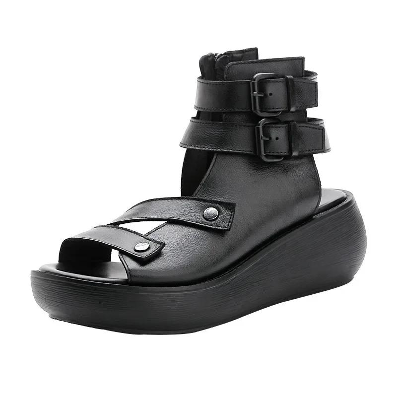 Women's Sandals Summer 2026 Mid Heeled Wedges Shoes for Women Retro Leather Gladiator Sandals Platform Rome Sandalias