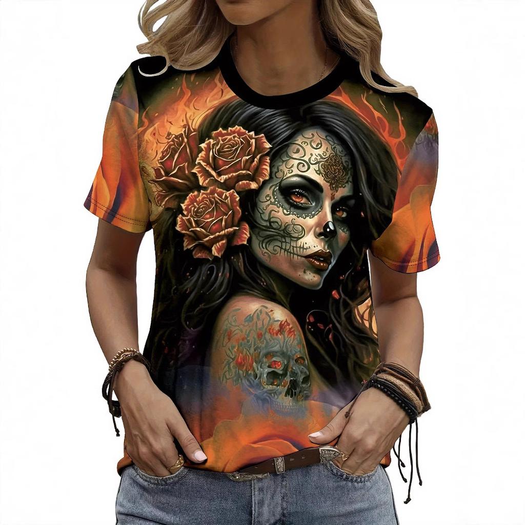 Summer Round Neck 3D Kull Print Top Fashionable Casual Short Sleeved Women's T-shirts