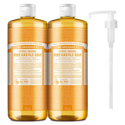 Dott. Detergente per Viso e Corpo Sapone Puro di Castiglia Bronner's Arancia Agrumi 950ml x 2p + set di pompe, 1 set