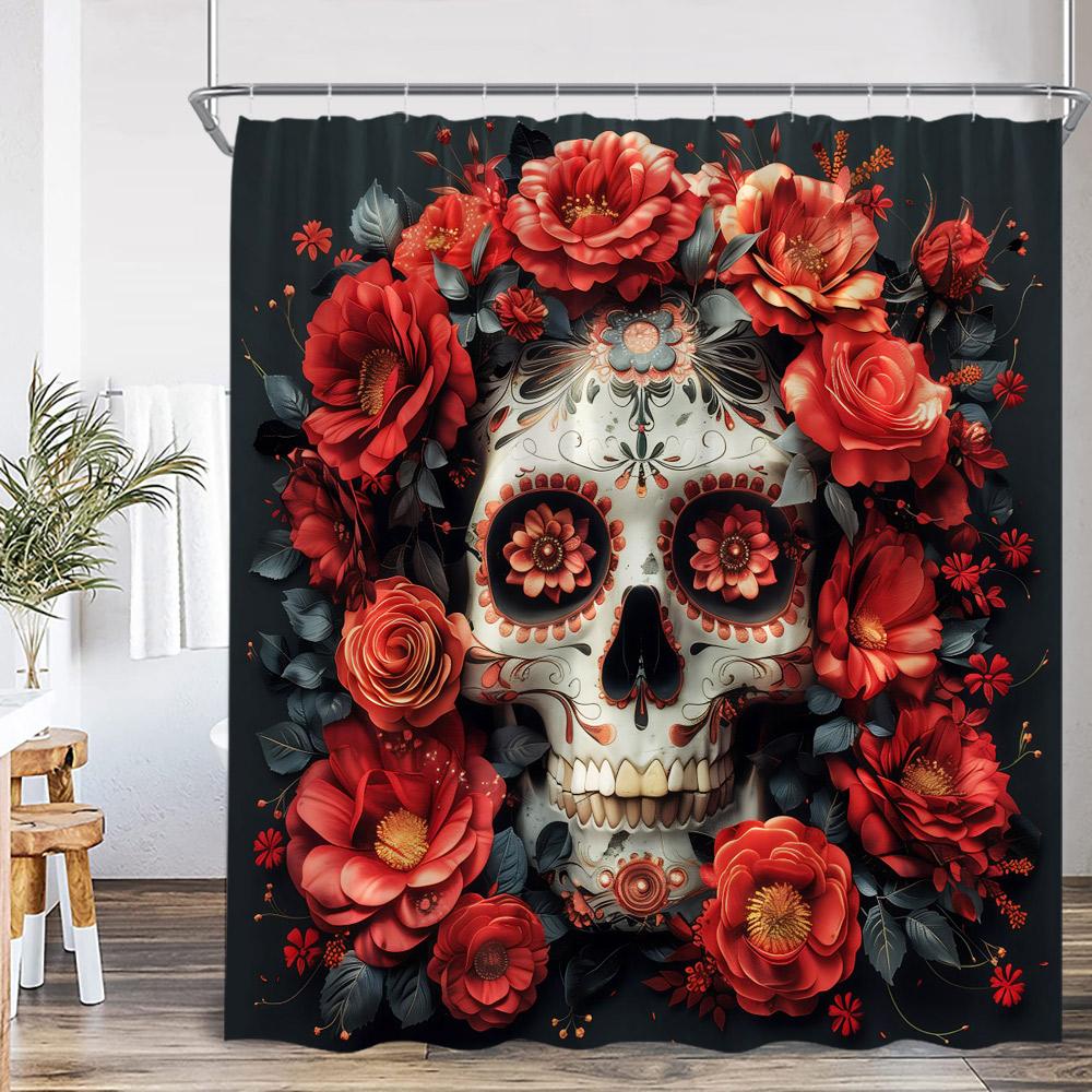 Schädel Halloween Duschvorhang Frohes Halloween Lustiges Skelett Rose Floral Badezimmer Dekor Polyesterstoff Duschvorhang Mit Haken