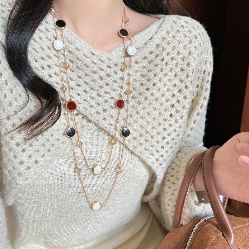 Autumn And Winter Long Tiger Eye Stone Pearl Beads Long Sweater Chain For Women'S Popular Necklace  Jewelry Accessories