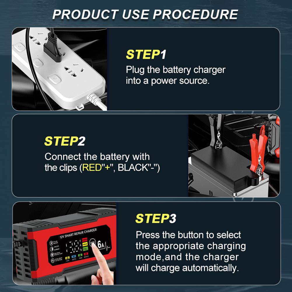 12V 6A Smart Repair Battery Charger LCD Display Car Battery Charging Device Car Battery Maintainer Automotive Tools