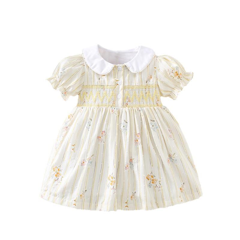 Summer Girls Cotton Dress Sweet Puff Sleeve Smocked Princess Dress Breathable Kids Party Gown For Little Girls