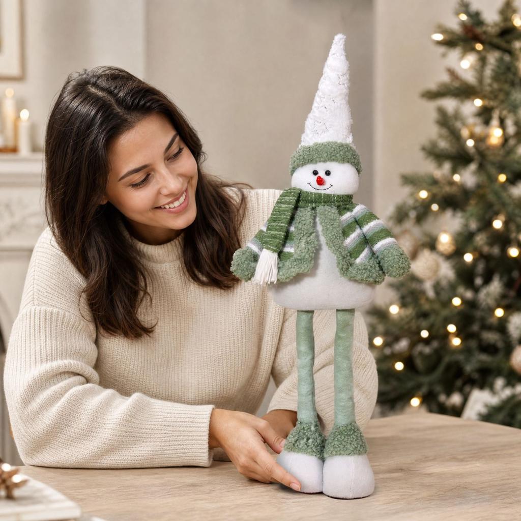 Standing Stretchy Christmas Doll with Striped Santa and Snowman, Green Long-Legged Plush Figure for Hotel Window Display