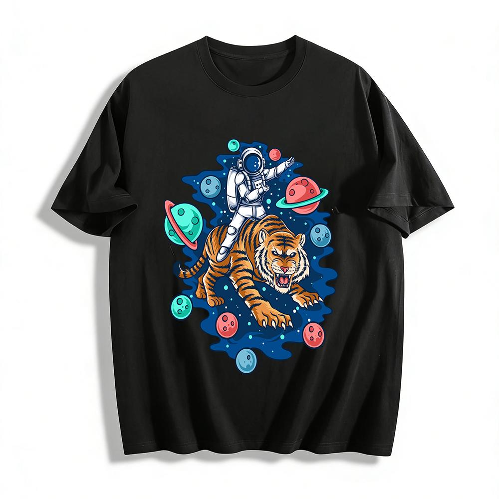 Astronaut Riding Tiger Space Themed Graphic Casual Tee Pure cotton T-shirt XXS