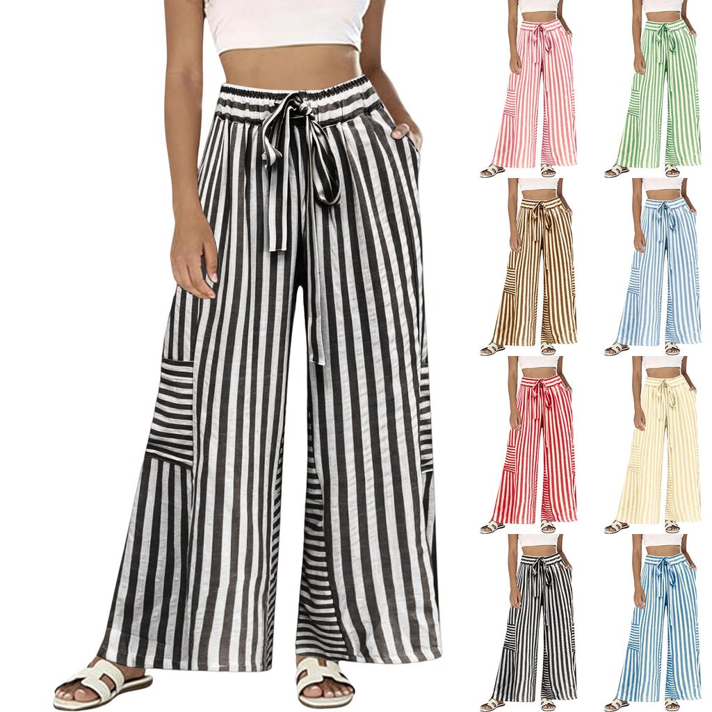 Women Striped High Waist Wide Leg Drawstring Pants Loose Fit Straight Casual Trousers with Pockets for Daily Wear